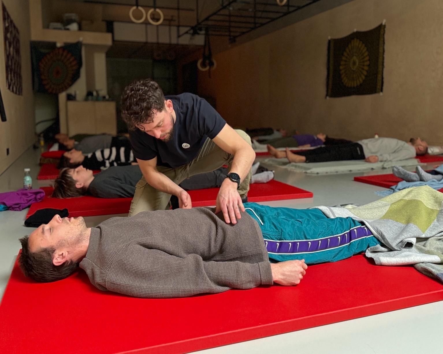 A guided breathwork moment in the Crazy Monkey studio